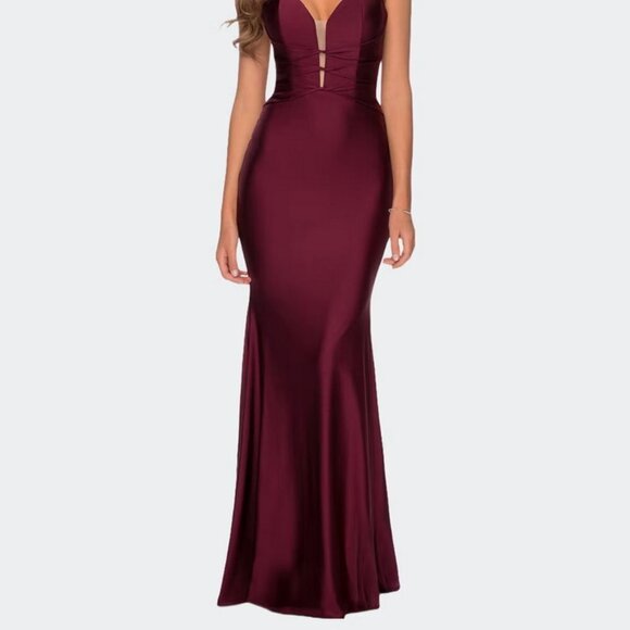 La Femme Dark Berry Strappy Back Knotted Detail Gown - Picture 4 of 5